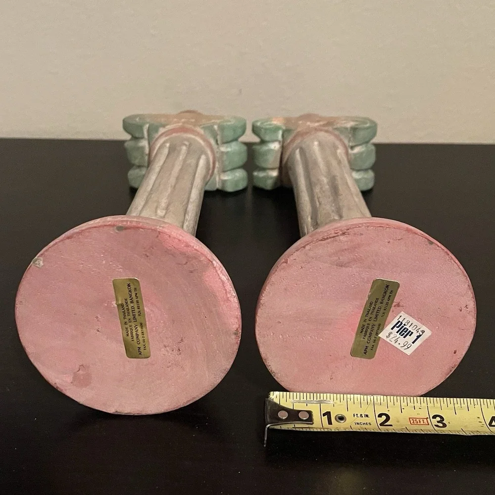 Pier 1 Aztec‎ Pillar Candlesticks Set Southwest Wooden Carved Pastel Decor